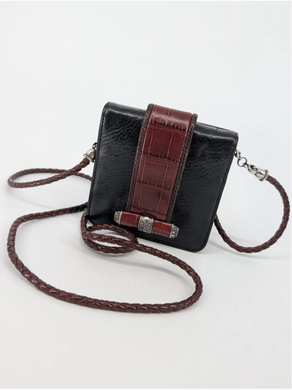 Vintage Brighton Mini Leather Crossbody Wallet Organizer Mirror Croc 26